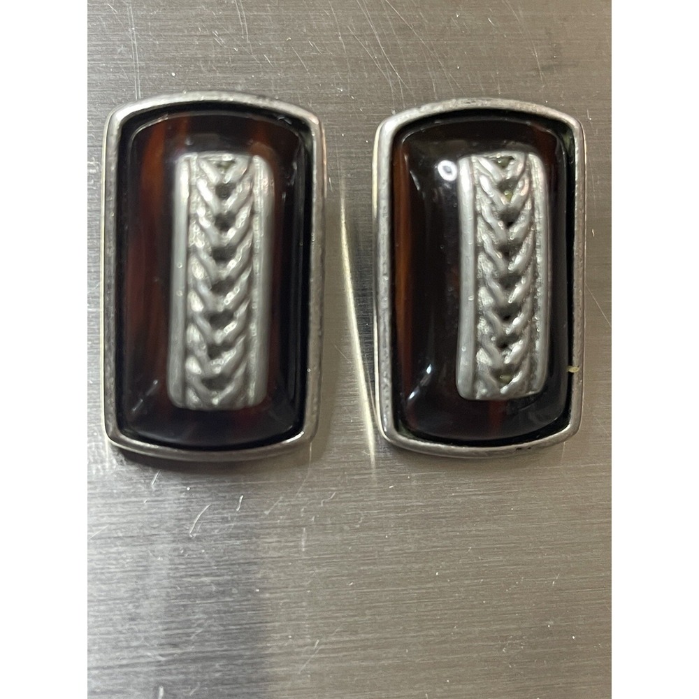 Vintage Ben Amun Modern Pewter/Lucite Clip On Earrings Dark Carmel Color Signed